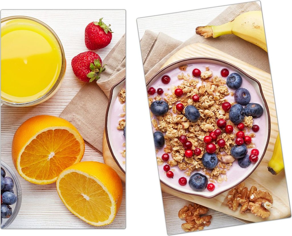 Spritzschutz Herdabdeckplatte Schneidebrett aus Glas Banane und Müsli 2-Teilig (60x52cm)