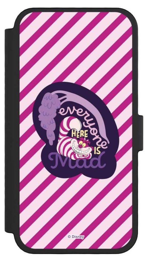 NIVOCASE Klapphülle für Apple iPhone 16 Pro Handyhülle aus Kunst Leder NIVOflip schwarz Alice im Wunderland Disney Grinsekatze