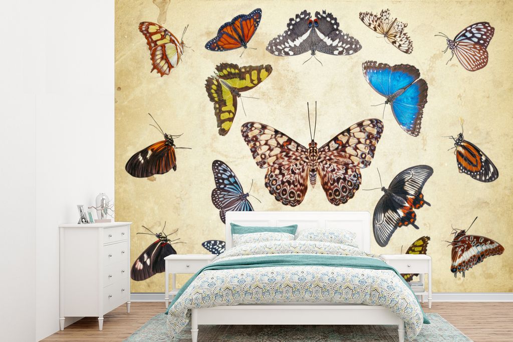 MuchoWow Fototapete für Wohnzimmer oder Schlafzimmer Wandtapete Vinyl Motivtapete Botanischer Druck Schmetterlinge - 360x260 cm - Wohnzimmer tapete