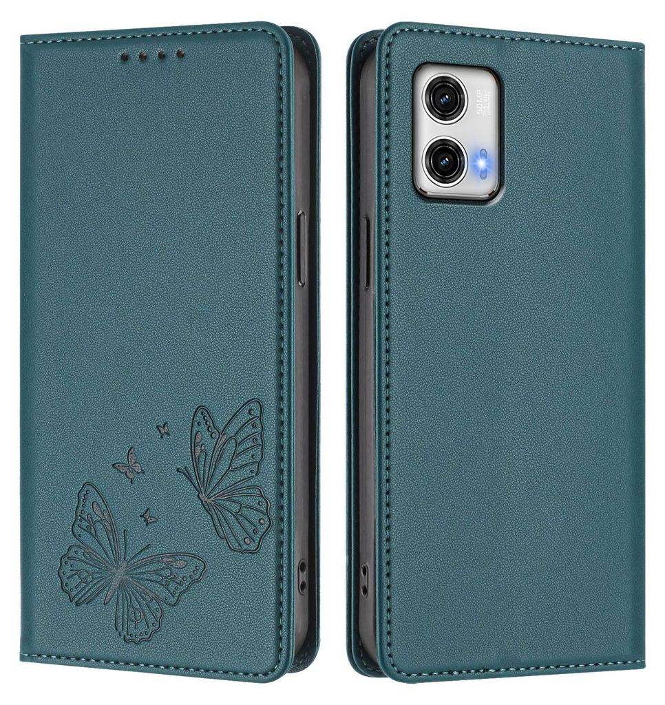 Lederhülle für Motorola Moto G73 5G, Schmetterling Prägung Leder Brieftasche Schutzhülle mit Ständer Grün
