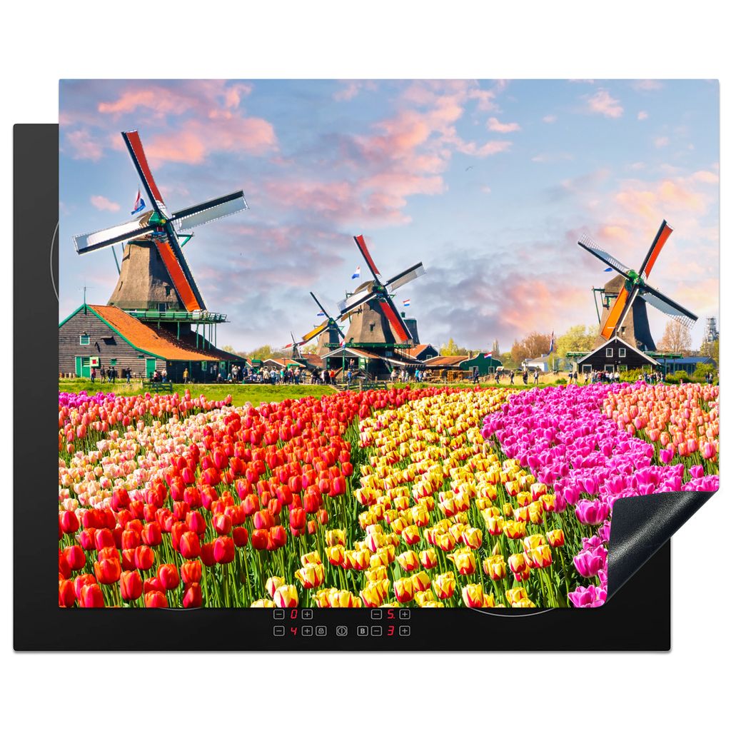 KitchenYeah Herdabdeckplatte Mühle - Tulpen - Blumen - Regenbogen - Niederländisch , 65x52cm, Küche Deko, Glaskeramikkochfeld Herdabdeckung, A...