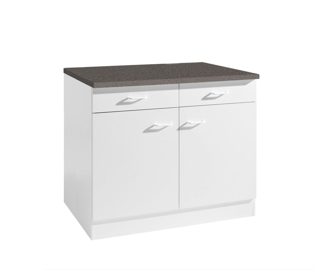 Küchen Unterschrank Start 100 cm breit 60 cm tief in weiß mit 2 Schubladen und Arbeitsplatte