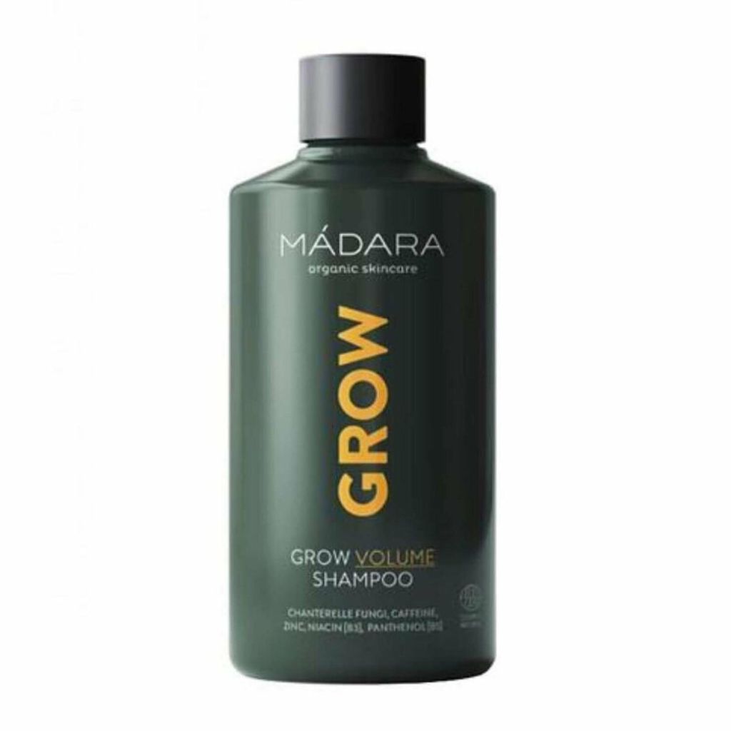 A bottle of MÁDARA Grow Volume Shampoo.