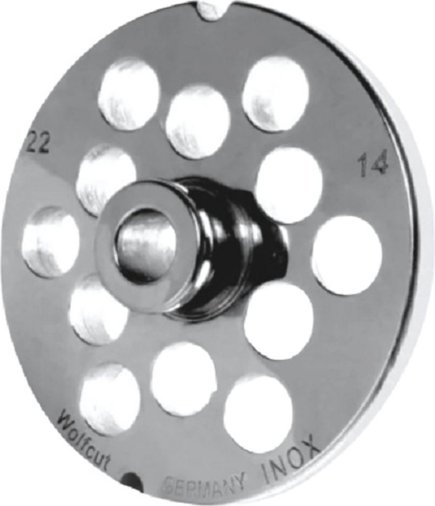 Fleischwolfscheibe, Lochscheibe aus Inox Stahl Gr. 22 mit Nabe und 2 Nuten mit 14,0 mm Bohrung von WOLFCUT