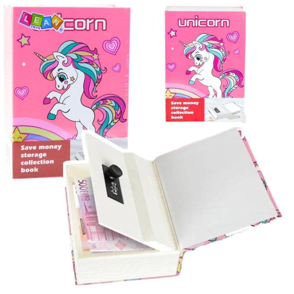 Verstecktes Buch Sparschwein Safe Code Einhorn Pink