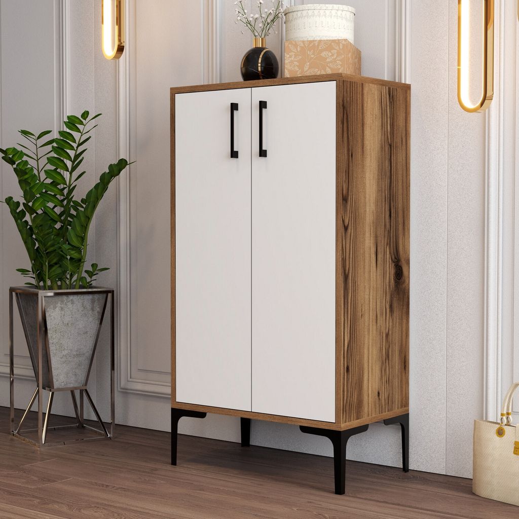 Skye Decor, Moderner Schuhschrank in Walnuss und Weiß, 60 x 111 x 35 cm | 100% melaminbeschichtete Spanplatte, 18 mm dick | Mit Metallbeinen, zahl...