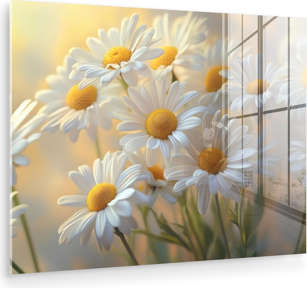 MuchoWow Glasbilder - Bilder auf Wandbild - Foto auf Glas Gänseblümchen - Weiß - Sonnenlicht 80x60 cm Wanddekoration aus Glas - Acrylglasbild - ...