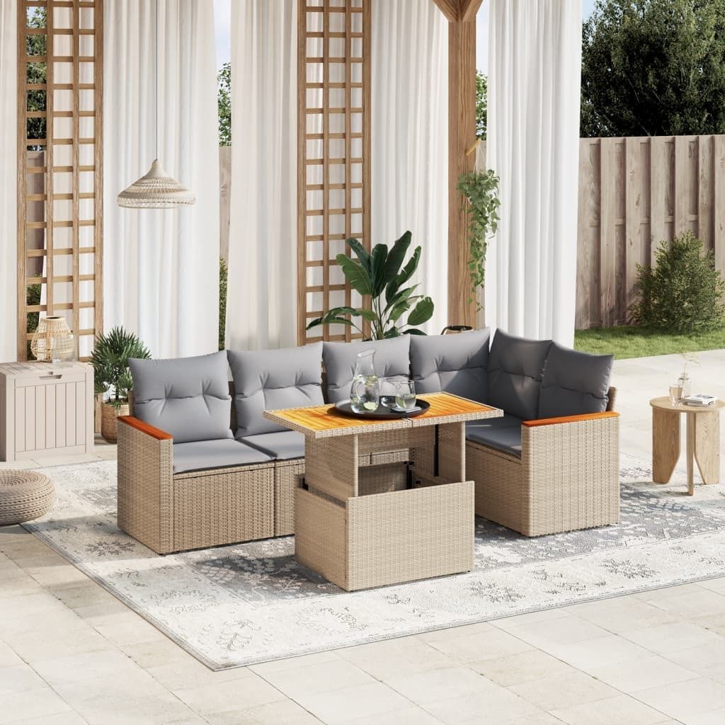 Design 6-tlg. Garten-Sofagarnitur mit Kissen Beige Poly Rattan, Gartenmöbel-Sets 2024 Neu
