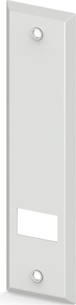 A white rectangular plate with two circular holes at the top and bottom, and a rectangular cutout in the middle.