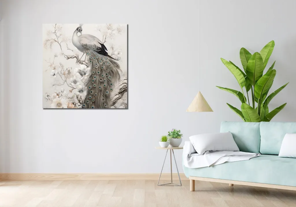 Image 90 x 90 cm Paon Grazie - Tableau carré déco paon coloré chic