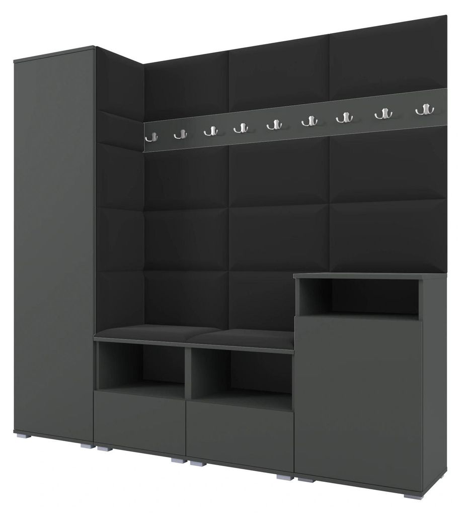 Garderobe NELA X 200 cm Modulare Flurmöbel Graphit mit Sitzpolster Schwarz 16 (Schrank + Sideboard)