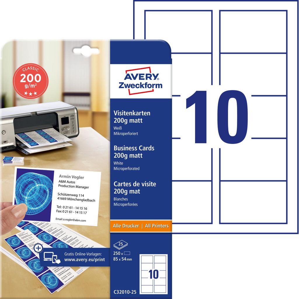Avery Zweckform C32010-25, Classic Visitenkarten, 85 x 54 Produktbild 