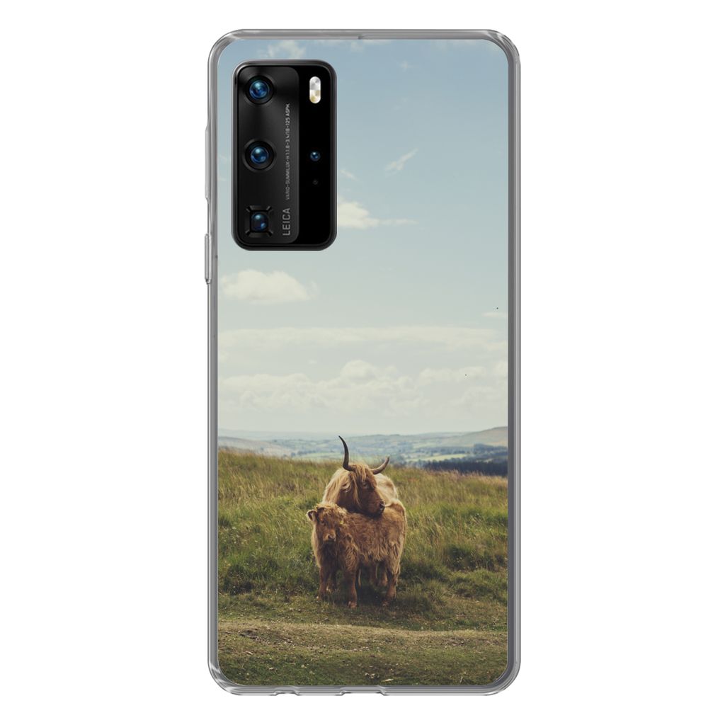 MuchoWow Handyhülle Schutzhülle Hülle für Huawei P40 Pro Schottische Highlander - Gras - Wolken - Tiere Silikon Softcase Handy Hülle - Schutz