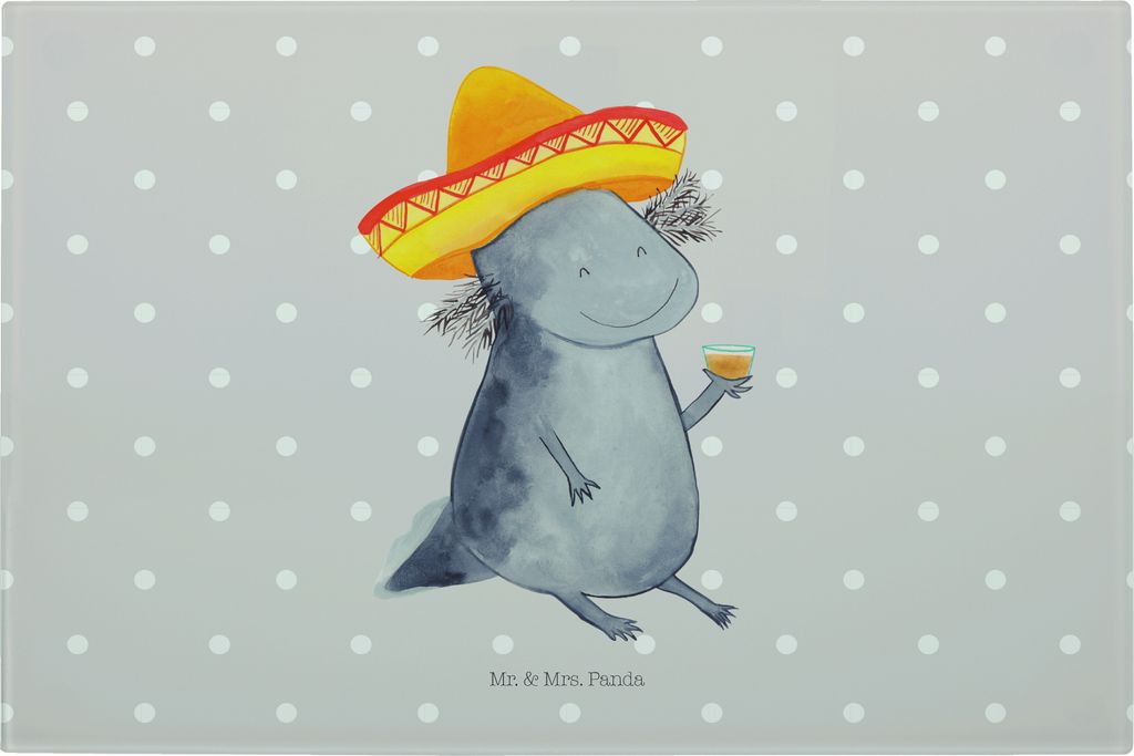 Mr. & Mrs. Panda Schneidebrett Aus Glas Axolotl Tequila - Grau Pastell - Geschenk, Party, Mexico, Urlaub, Feuersalamander, Schwanzlurch, Schneidpla...