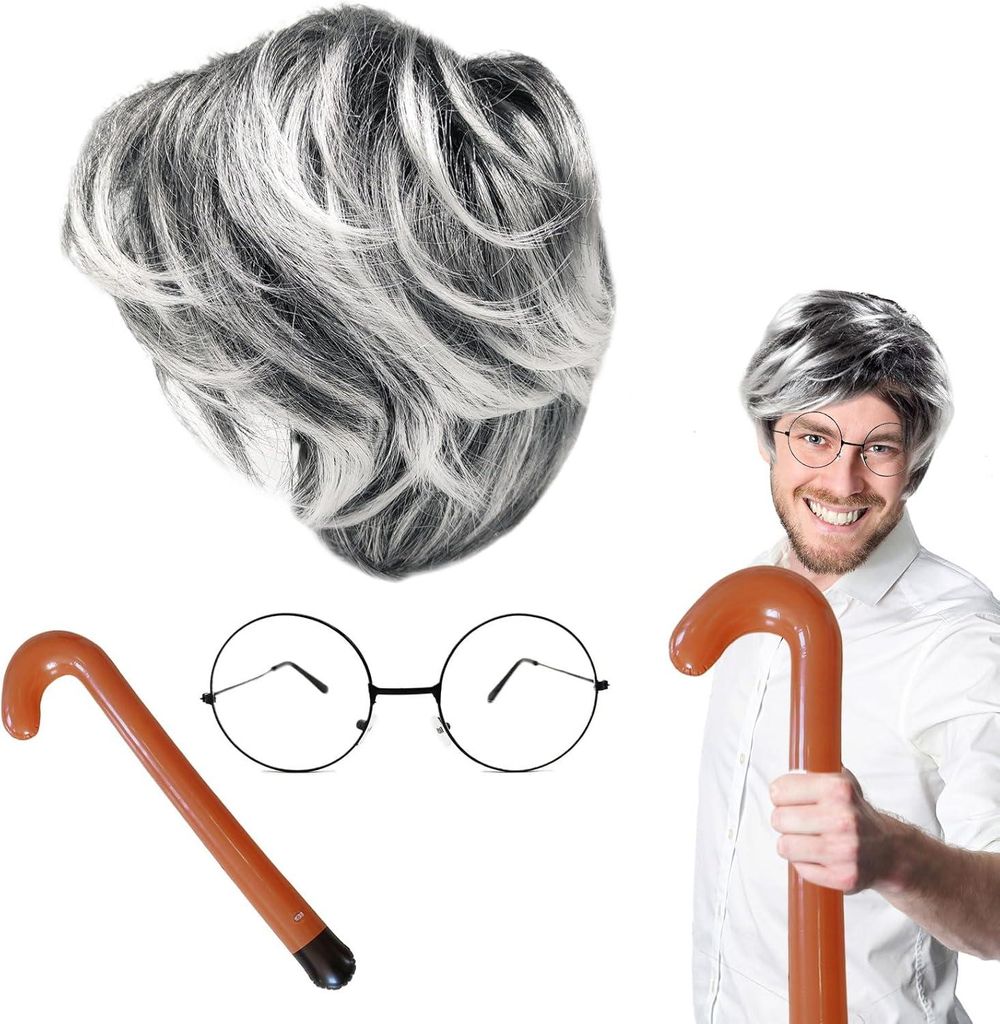 Set Kostüm Opa Verkleidung Rentner Brille Gehstock Perücke Produktbild 