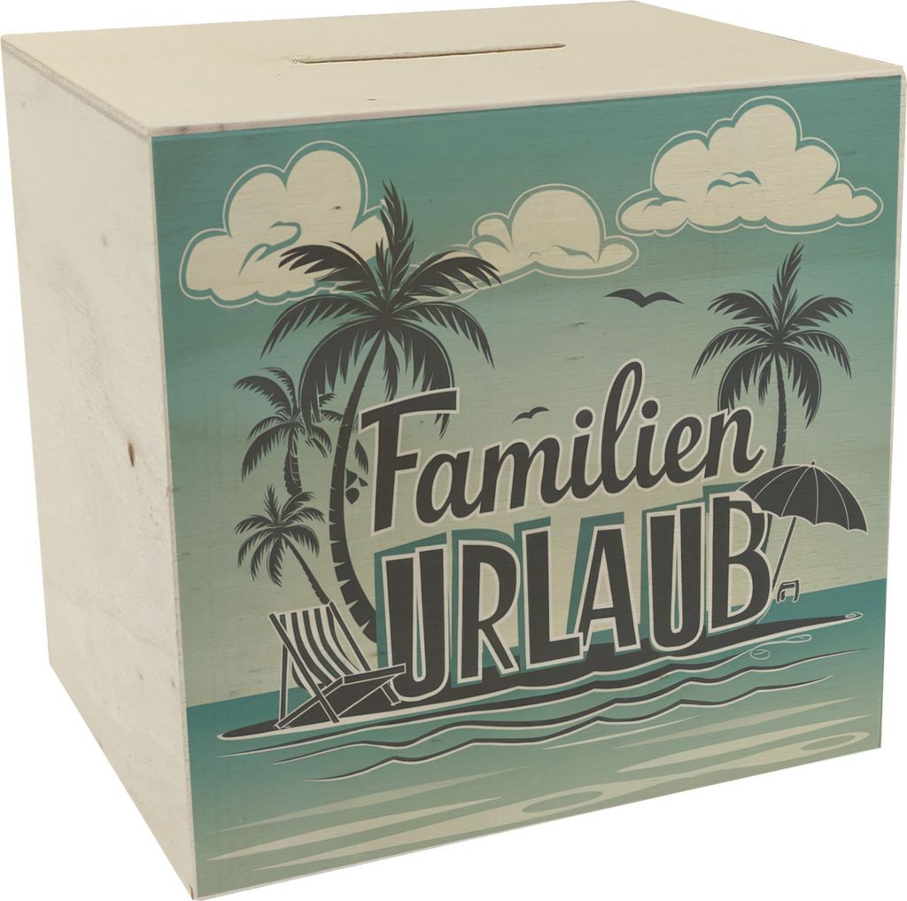 Familien Urlaub Spardose aus Holz mit Strandmotiv