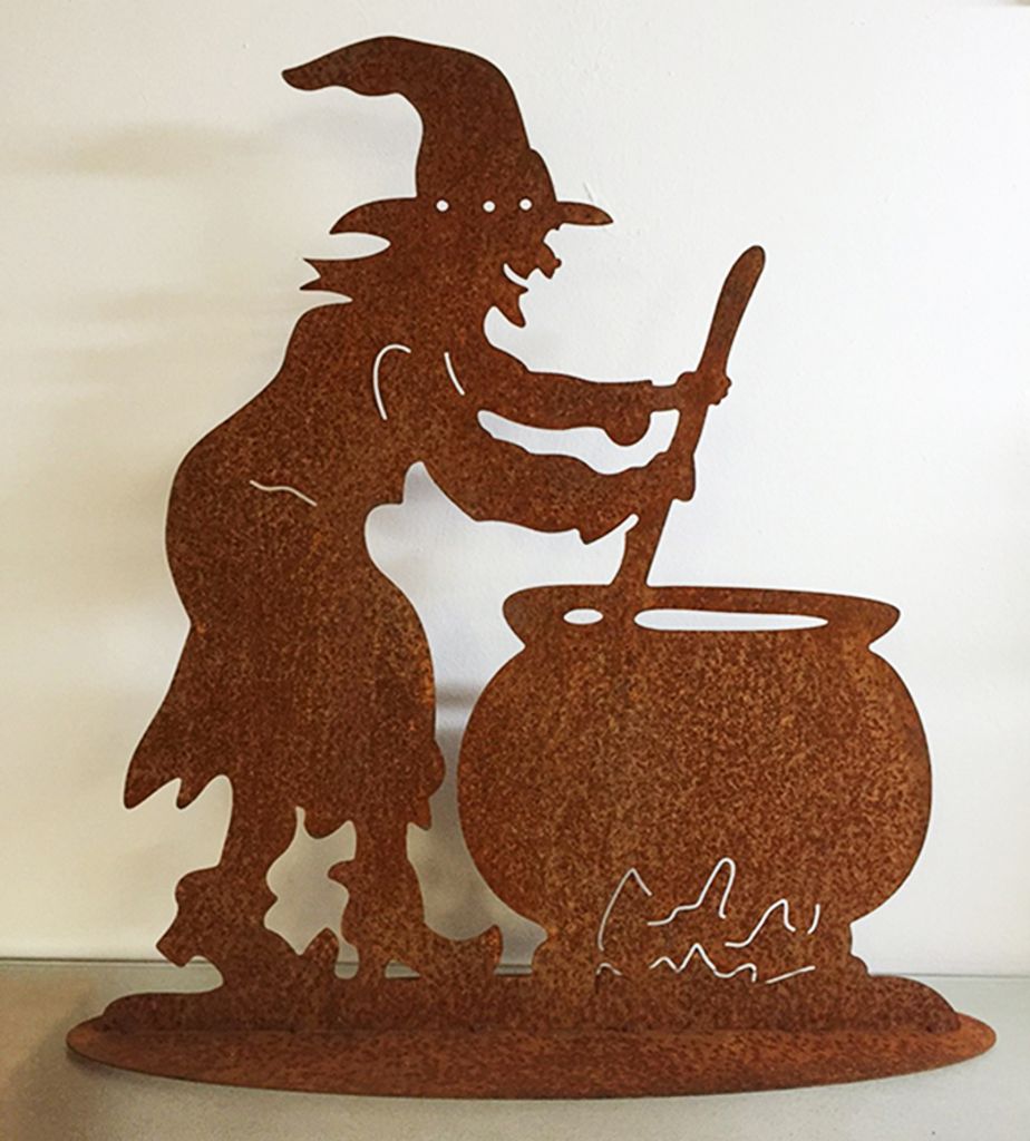 Hexenküche 60x55cm Hexe mit Kessel Hexenkessel Hexen Rost Edelrost Metall Rostfigur Halloween Rosthexe