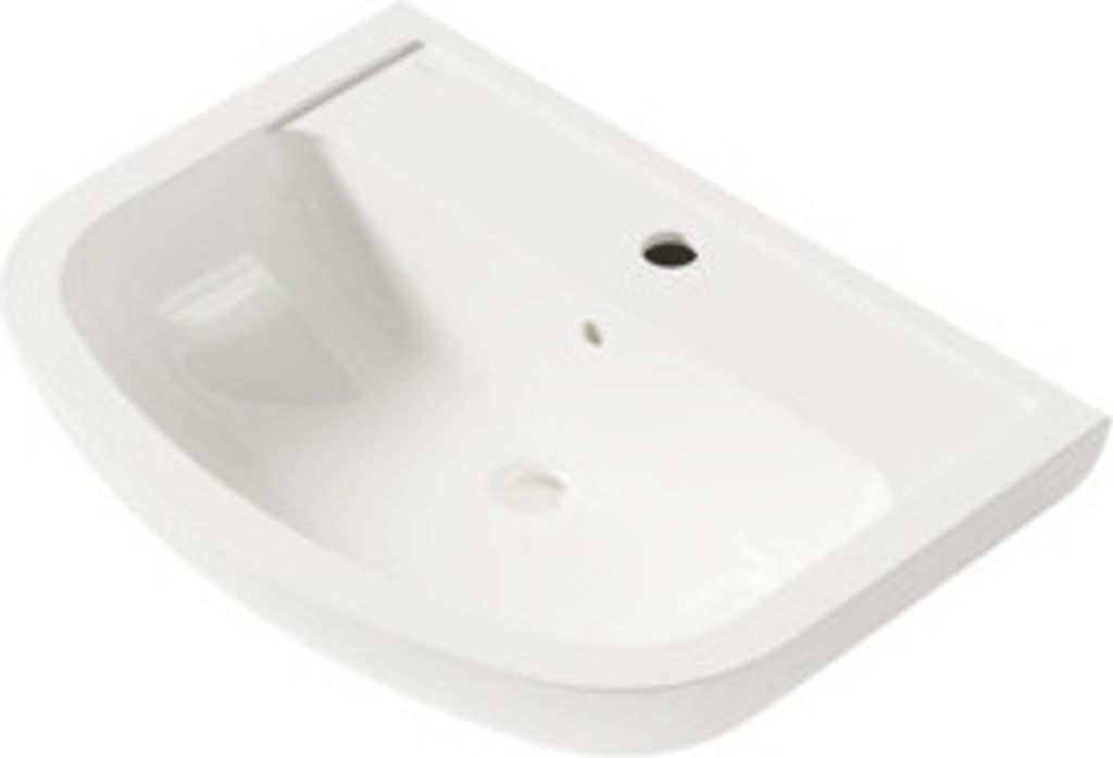 A white corner sink with a faucet hole and drain hole.