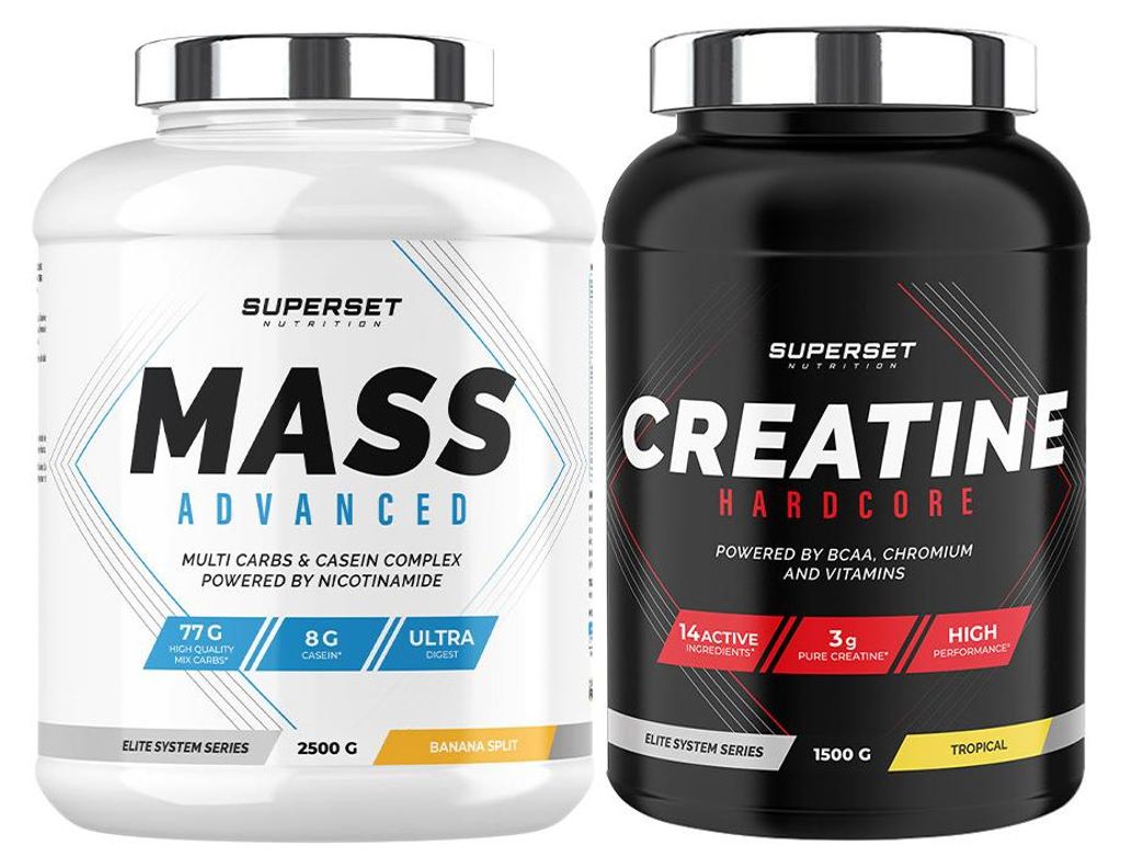Fortgeschrittenes Masseaufbauprogramm - Mass Advanced 2,5kg Banana Split - Creatin Hardcore 1,5 kg Tropical