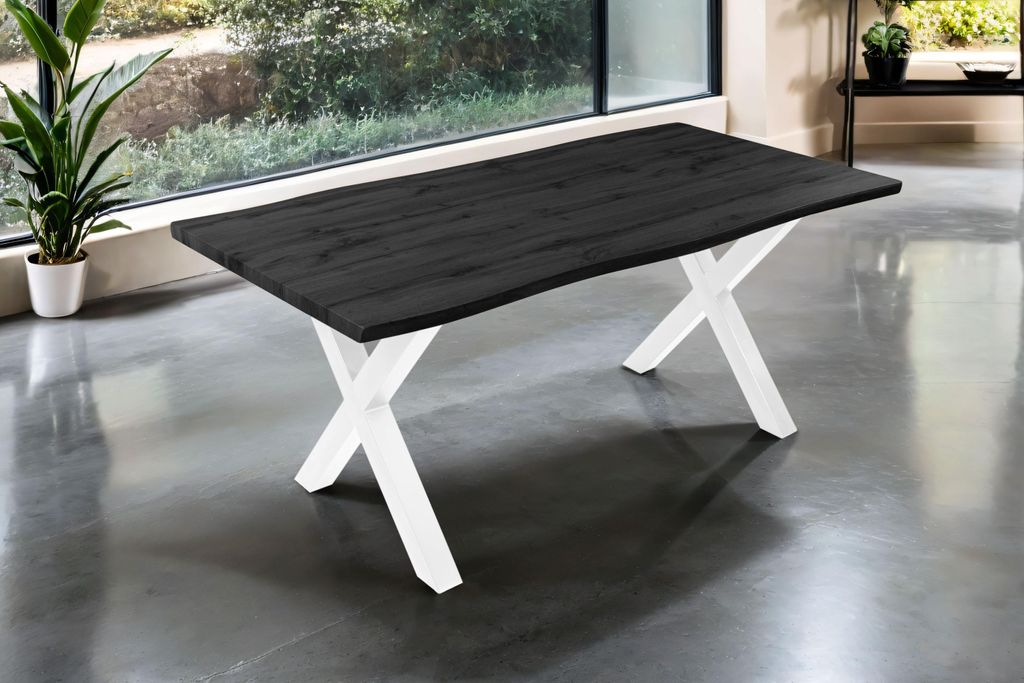 Esstisch 180x90 cm Baumkante Holz Grau-Optik X-Gestell Metall weiß JOSY