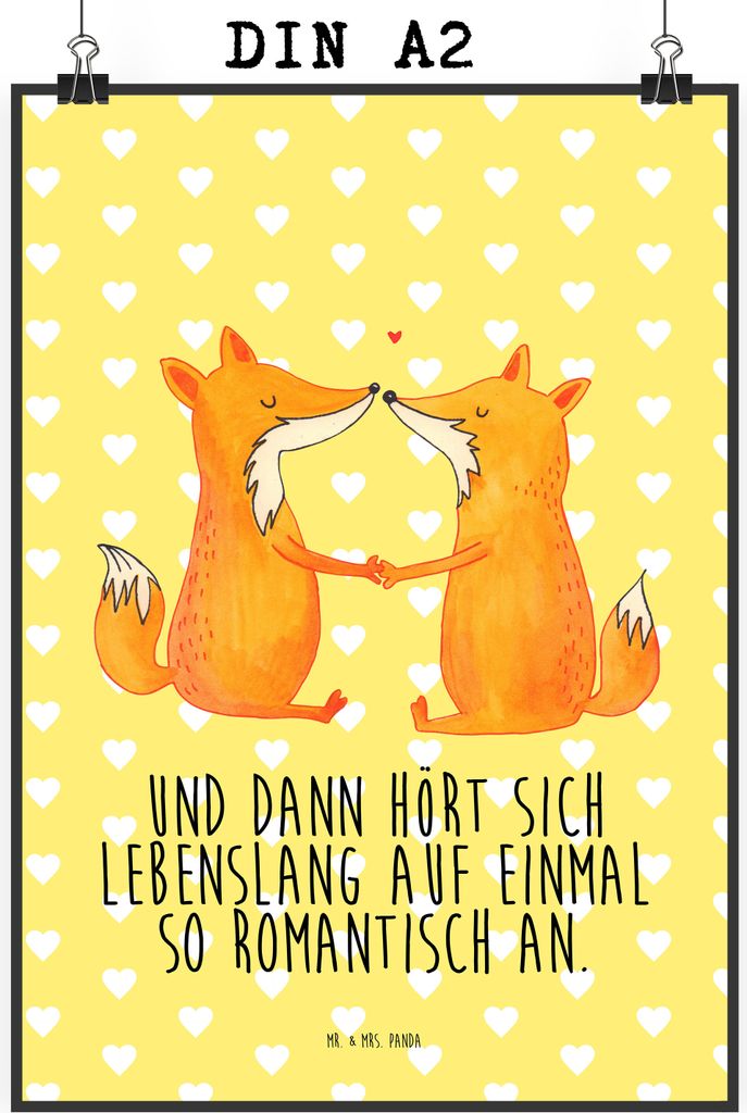 Mr. & Mrs. Panda Bild Füchse Liebe DIN A2 - Gelb Pastell - Geschenk, Fuchs, Partner, Wandbild, wanddeko, Plakat, Fox, drucke, Wanddekoration, Ehe