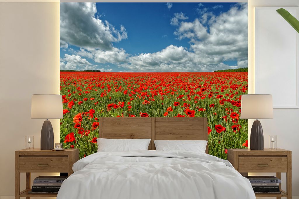 MuchoWow Fototapete für Wohnzimmer oder Schlafzimmer Wandtapete Vinyl Motivtapete Schneeweiße Wolken über einem Mohnblumenfeld - 240x240 cm - ...
