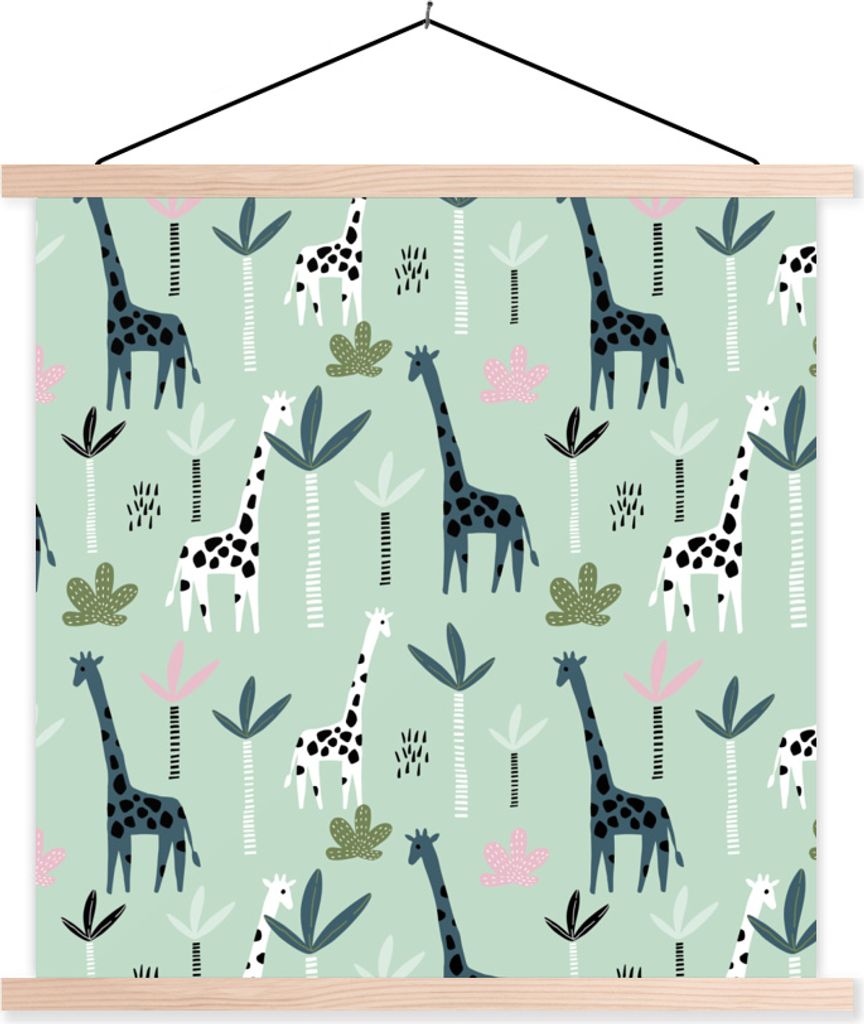 MuchoWow Textilposter Dschungel - Giraffe - Palme 40x40 cm mit holzfarbenen Rahmen - Posterleiste