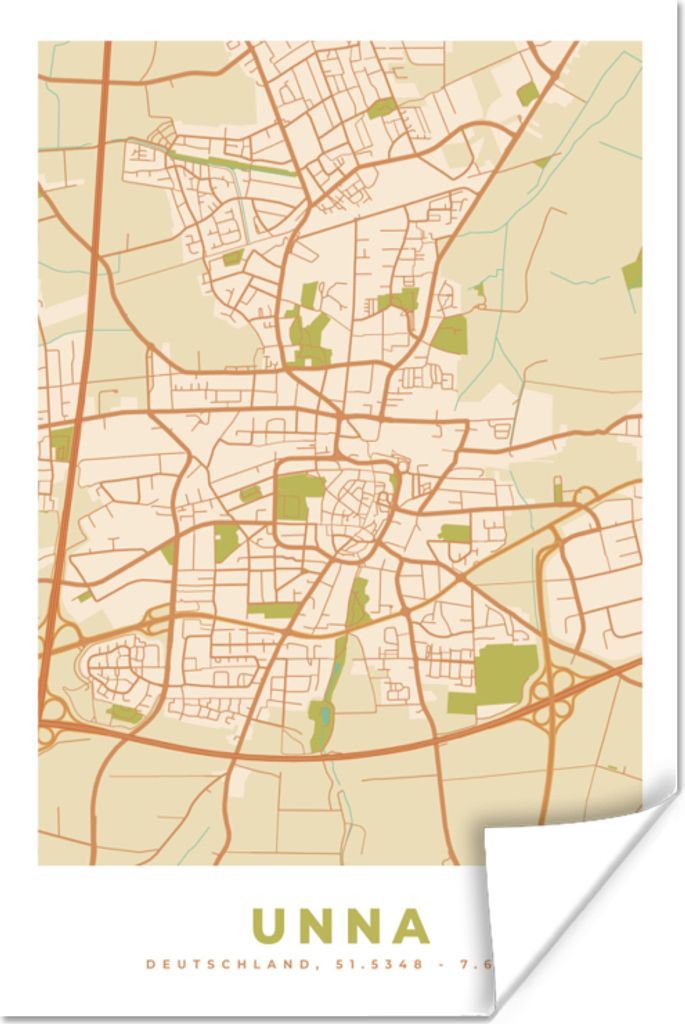 MuchoWow Poster Unna - Vintage - Karte - Stadtplan - Grundriss 80x120 cm - Papierdruck
