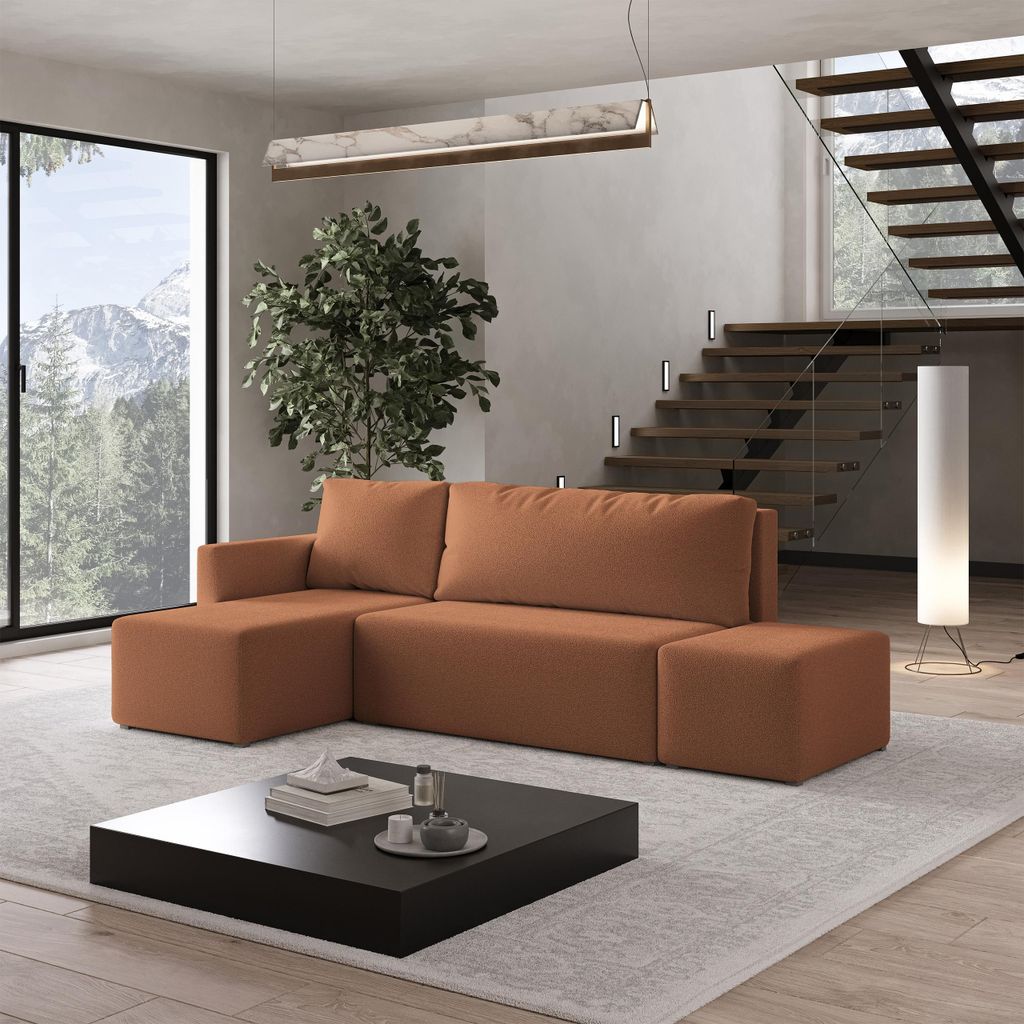 Masseno Ecksofa VELOTTI L-S mit Schlaffunktion L-Form, Sofa mit Bettkasten, Wohnzimmersofa, Couch, Soffa, Bettsofa, Couchgarnitur- Orange, QUELLE 54