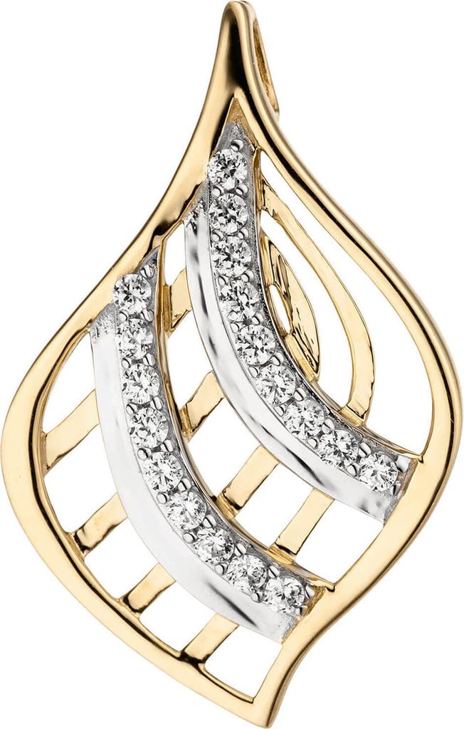 Anhänger Halsschmuck Blatt Blättchen mit weißen Zirkonia, 375 Gold Gelbgold