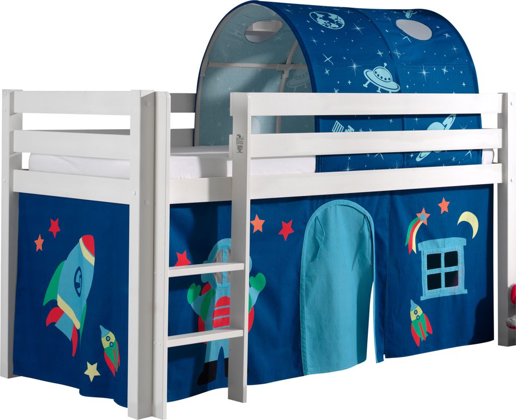 Vipack Spielbett Pino, Liegefläche 90x200 cm mit Textilset Vorhang und Tunnel "Astro"