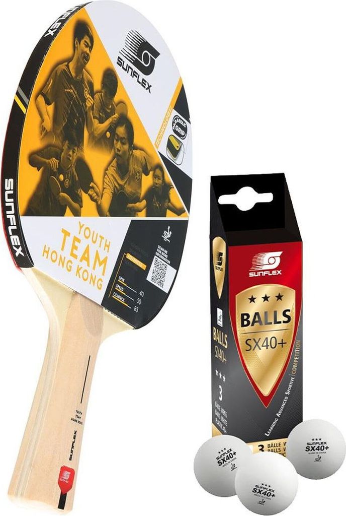 Sunflex Tischtennisschläger Youth Team Hong Kong + 3x SX+ Tischtennisbälle | Tischtennisset Tischtennis TT Tabletennis
