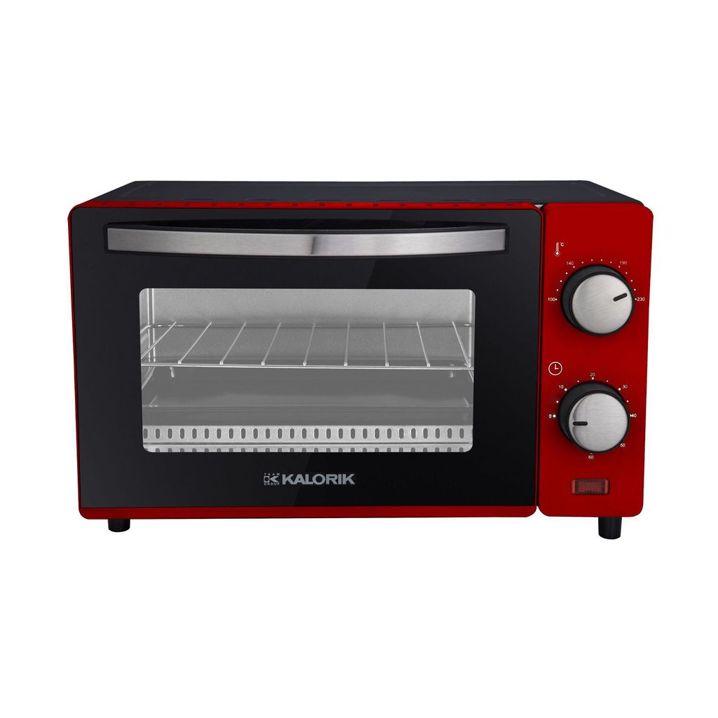 A red and black mini oven displayed from a front-facing angle.