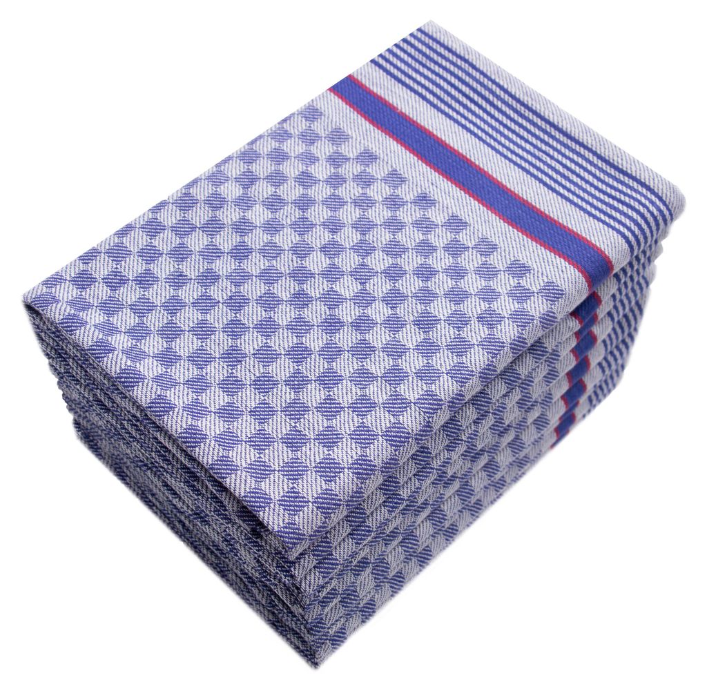 A stack of folded blue checkered kitchen towels with red and blue stripes on top.