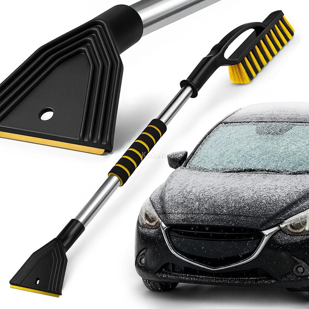 Kuketo | Schneebesen Mit Eisschaber 75 cm – Auto Schneeschieber Mit Metallstiel Und Weicher Bürste – Winter Autozubehör Für Eis & Schnee