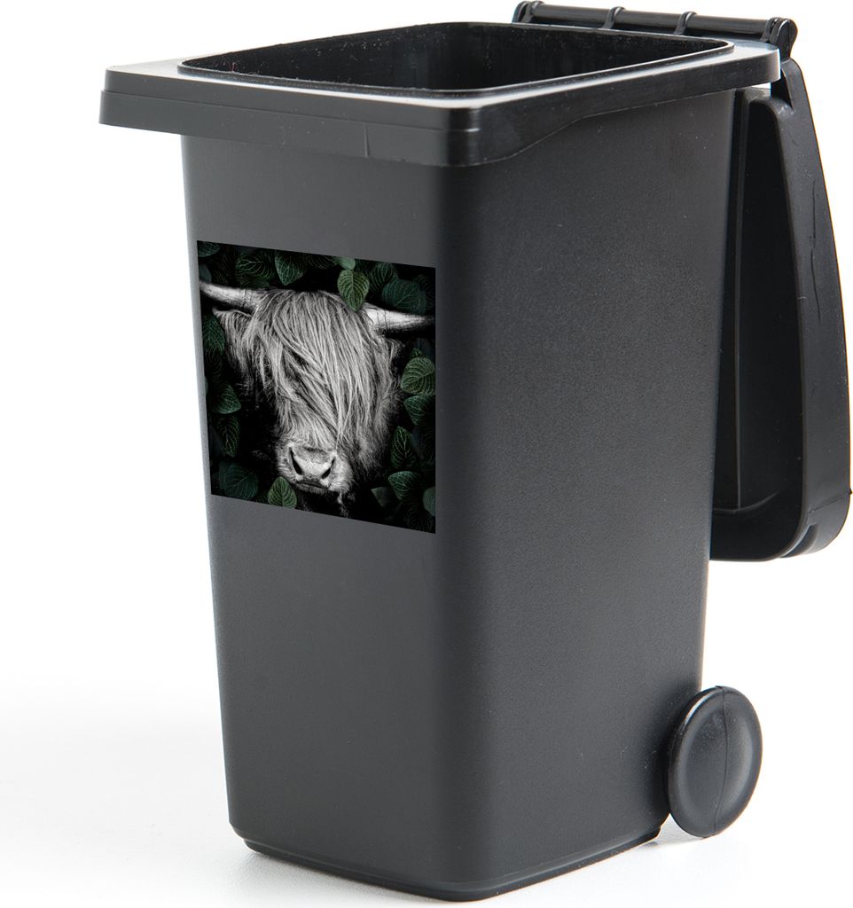 MuchoWow Mülltonnenaufkleber Scottish Highlander - Blätter - Schwarz - Weiß 40x40 cm - Abfall-Aufkleber - Container - für Abfallcontainer