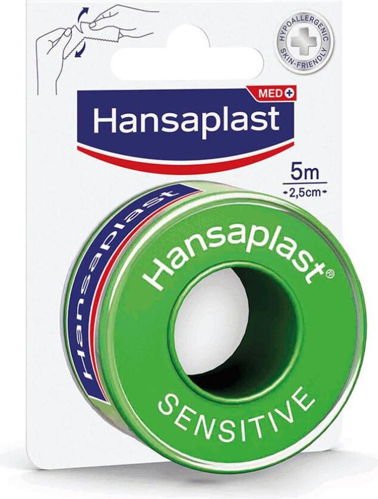 A roll of Hansaplast Sensitive medical tape on its packaging.