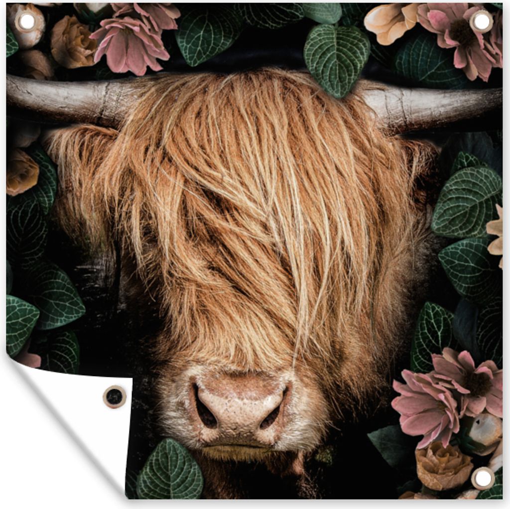 MuchoWow 50x50 cm Outdoor-Poster Gartendeko Sichtschutz Garten Poster für den Garten Schottischer Highlander - Blumen - Kuh