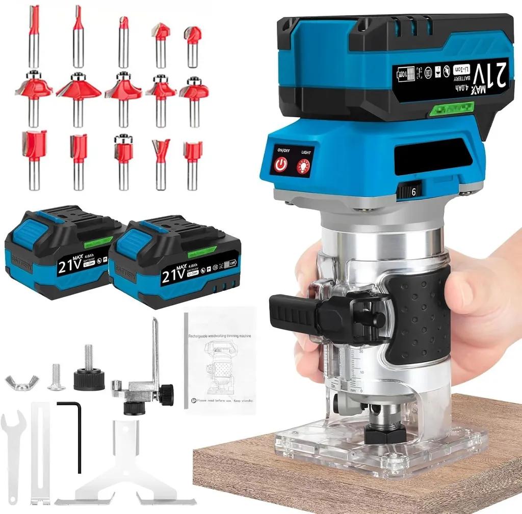 Défonceuse à bois sans fil 21V brushless avec 6 vitesses et kit LED