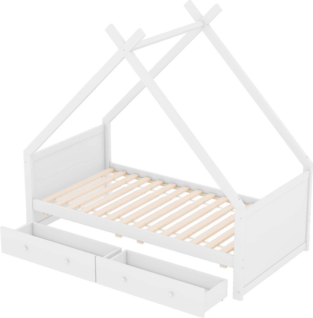 Kinderbett(Weiß,90*200cm )Flachbett,Hausleiste, zwei Ablagefächer, minimalistisches Design