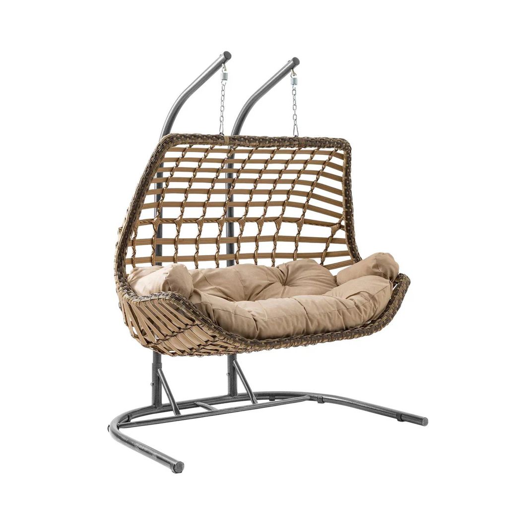 Capri Swing Poly-Rattan Hängesessel mit Gestell & Kissen, Gartenschaukel Cunda (Hellbraun)
