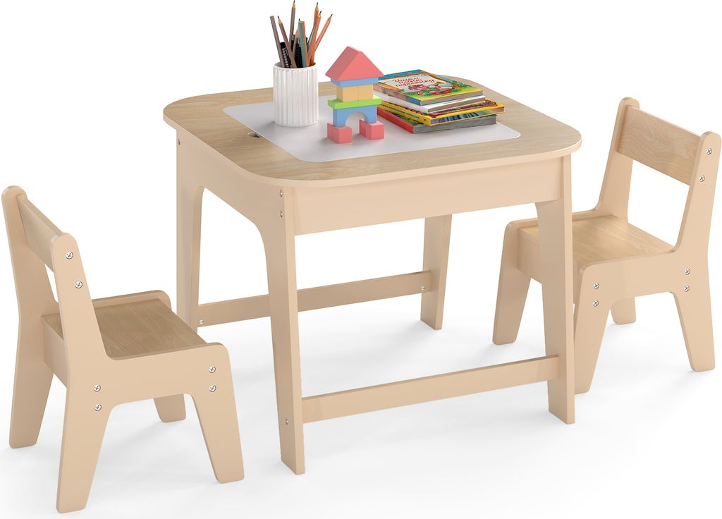 COSTWAY Set aus Kindertisch & Stühlen, Zeichentisch für Kleinkinder mit doppelseitiger Tischplatte, verstecktem Stauraum & Natur + Weiß