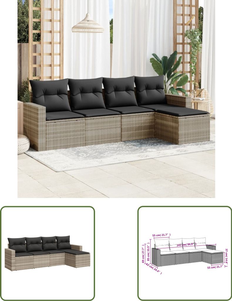 The Living Store 5-tlg. Garten-Sofagarnitur mit Kissen Hellgrau Poly Rattan
