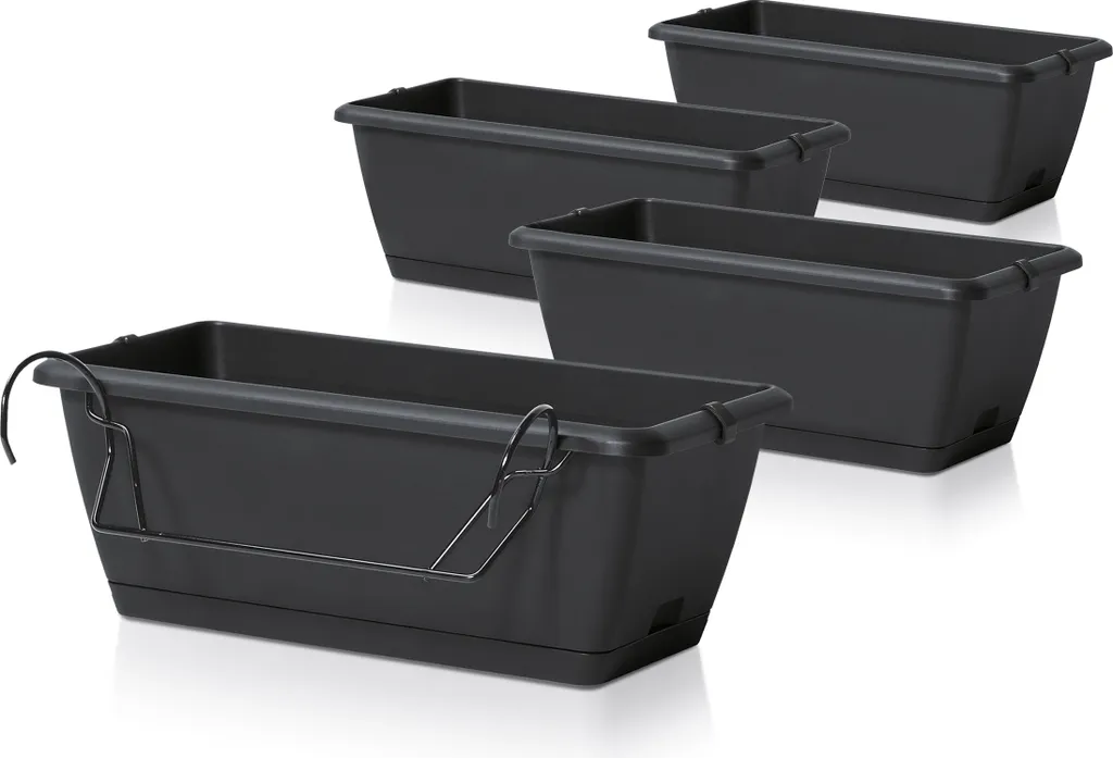 Jardinière de Balcon 40 cm Anthracite - Pack de 4 Bacs avec Supports