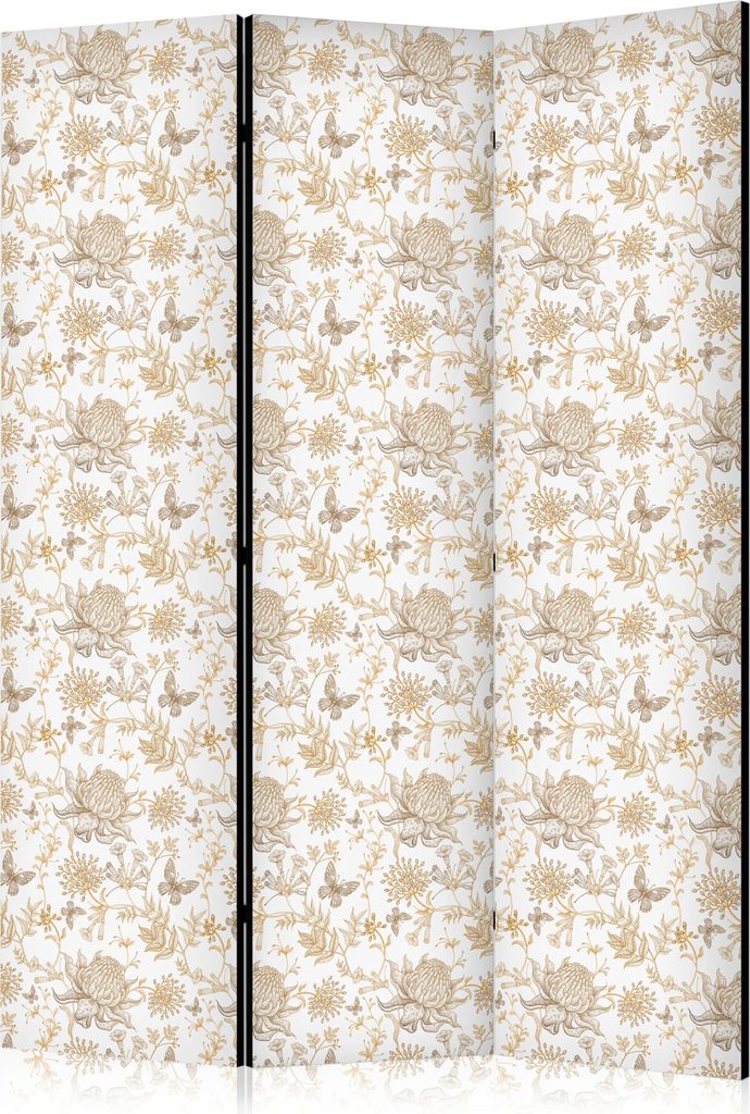 3-teiliger Doppelseitiger Vlies Paravent - Beige Shades of Nature - Flowers and Butterflies on a White Background - Illustration 135x172 cm Blumen ...