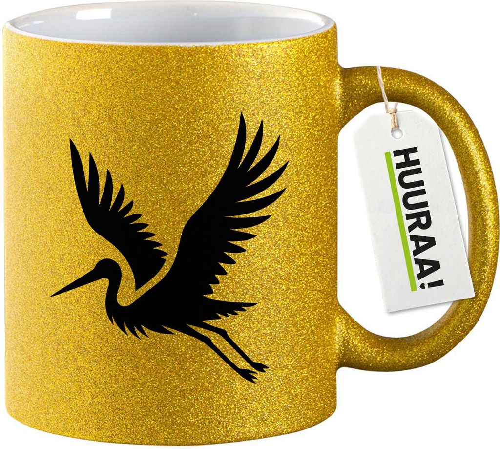 Huuraa Glitzertasse Storch Silhouette 330ml Gold Keramik Kaffeebecher Geschenkidee