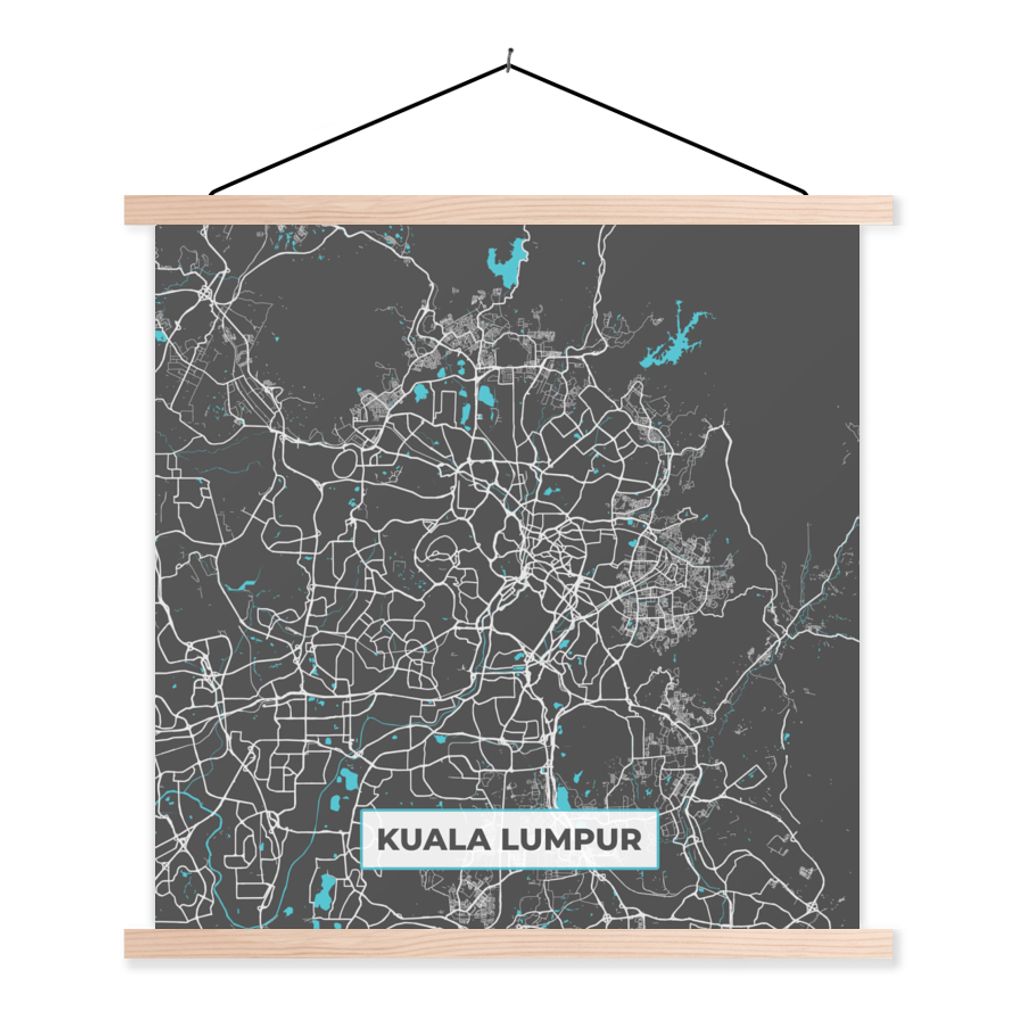 MuchoWow Textilposter Kuala Lumpur - Stadtplan - Karte - Blau - Karte 60x60 cm mit holzfarbenen Rahmen - Wanddekoration