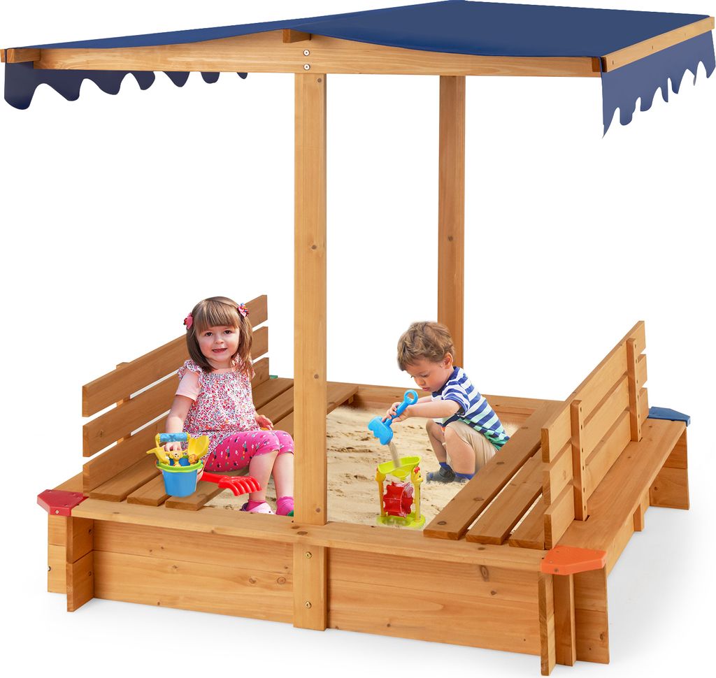 COSTWAY Sandkasten mit Dach, 120 x 120 cm aus Zedernholz, Sandbox groß mit 2 umwandelbaren Sitzbänken