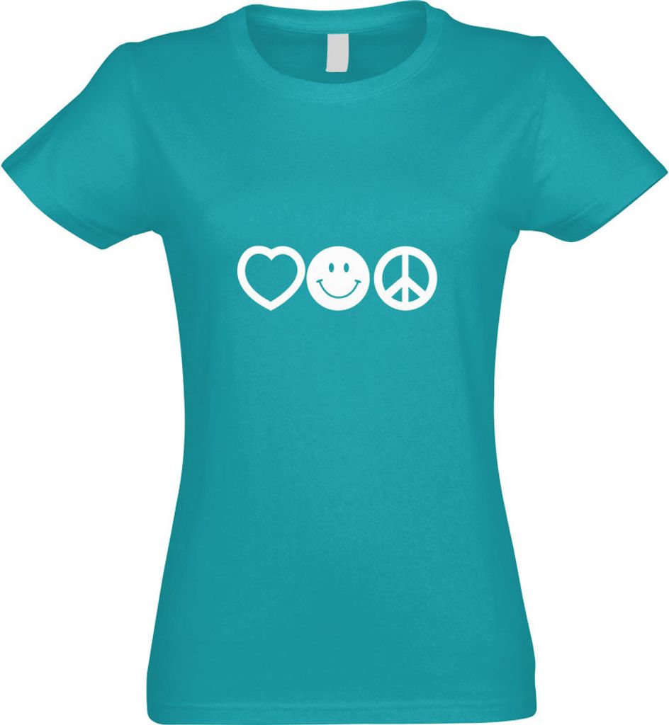 Kiwistar - T-Shirt tailliert - Damen - türkis - Love Happy Peace - Liebe Glück - mit Motiv Bedruckt - Funshirt Design - Sport - Freizeit - Damen ...