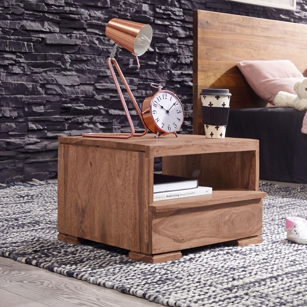 FineBuy Nachttisch Akazie Massivholz Schublade & Ablagefach Produktbild 